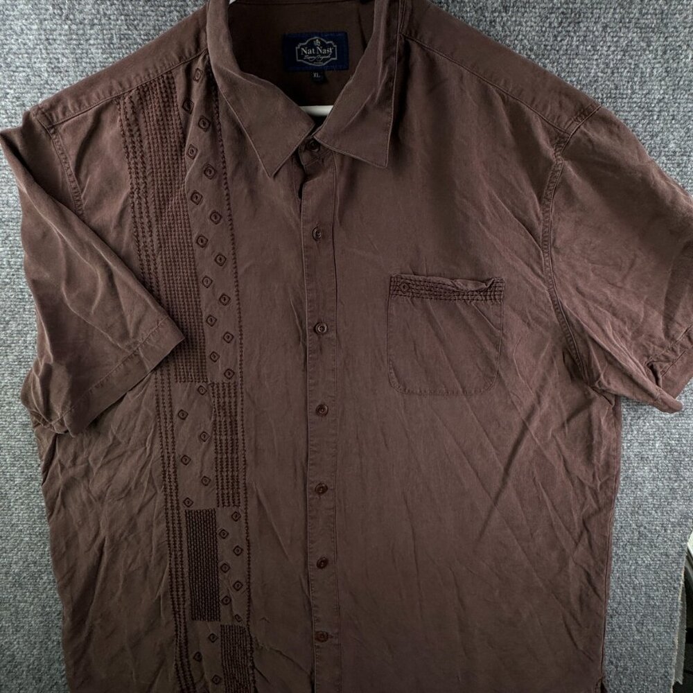 Nat Nast Men Short Sleeve Button Up Shirt Hawaiian Size XL Brown All Silk Adult